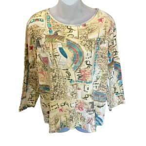 Chico’s Top Crew Neck Egyptian Graphic Tan Black Red Blue Chico’s 2 Equals Large